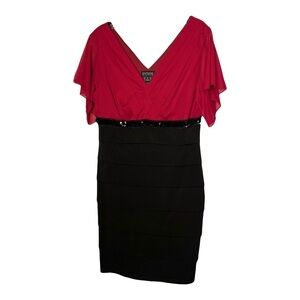 Enfocus Studio | Red Black Layered Sequin Flutter Sleeve Cocktail Dress, Size 12